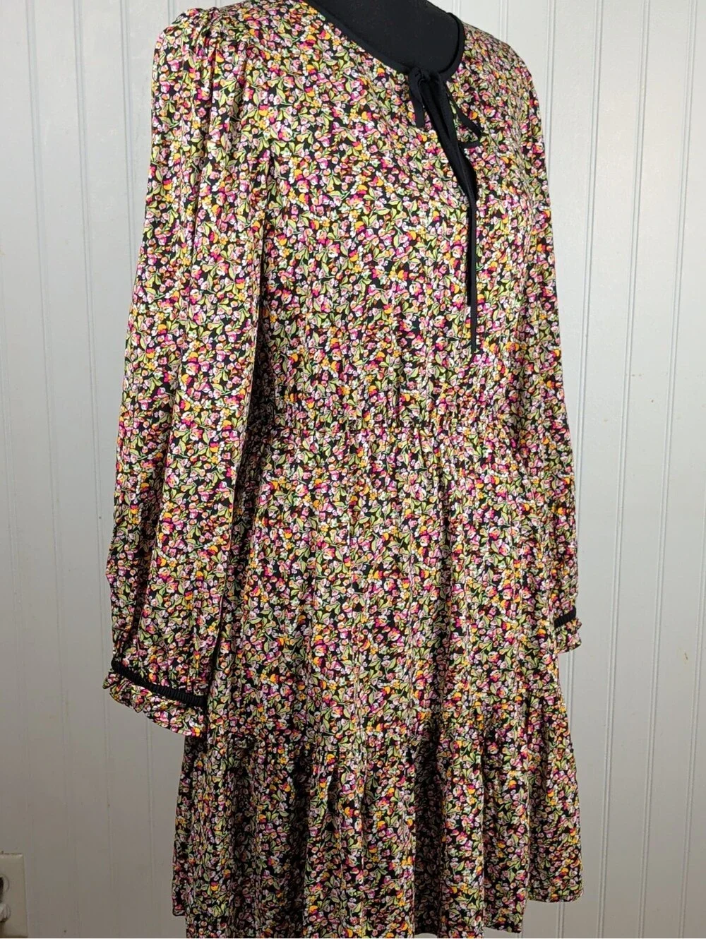 J. CREW Floral Ditsy Print Long Sleeve Tie Neck Mini Dress 4P